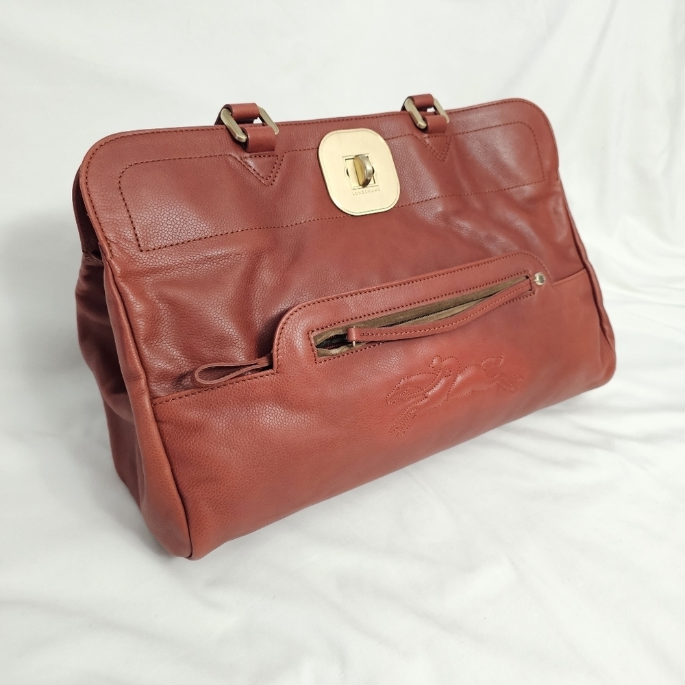 Longchamp Grained Leather Tote Bag Red Orange Printed Lining M-L